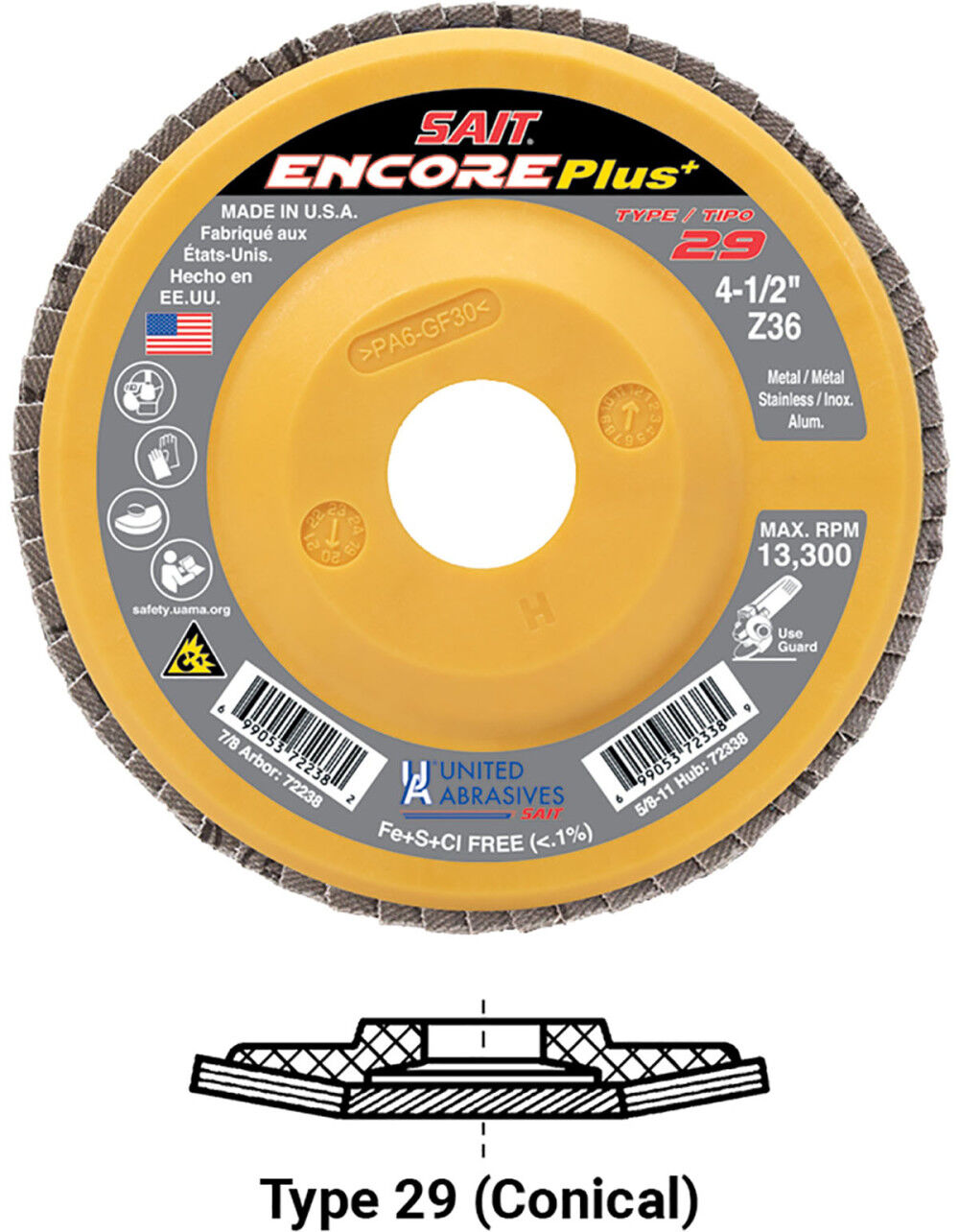 United Abrasives Encore Plus 4-1/2 Inch x 7/8 Inch 40 Grit Type 29 Flap Disc, large image number 1