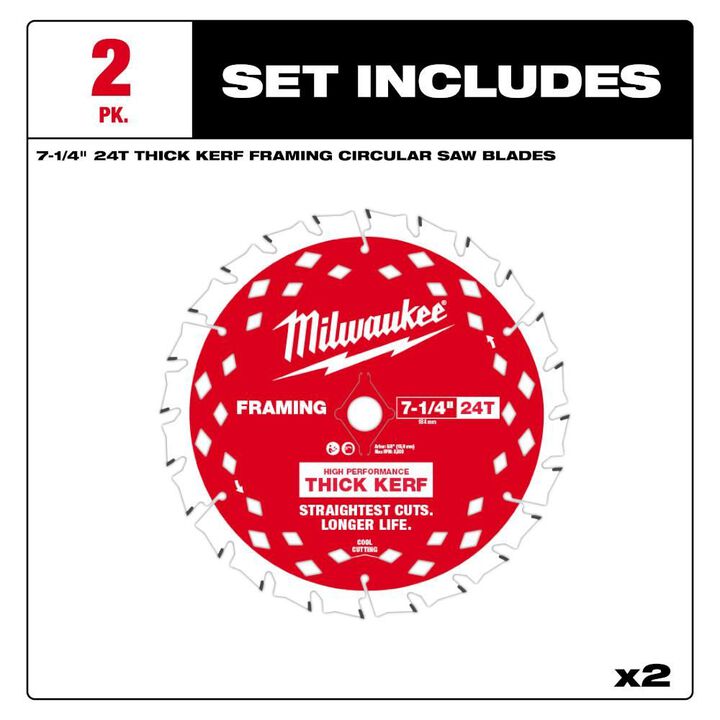 Milwaukee 7-1/4 Inch 24T Thick Kerf Framing Circular Saw Blade - 2 Pack, large image number 2