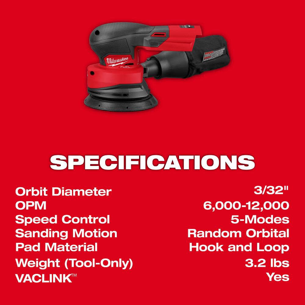 Milwaukee M18 FUEL 5 Inch Random Orbital Sander (Bare Tool), large image number 9
