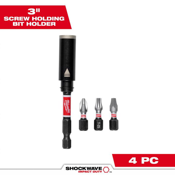 Milwaukee SHOCKWAVE Impact Duty 3 Inch Screw-Holding Bit Holder & Insert Bit Set, 4 Piece