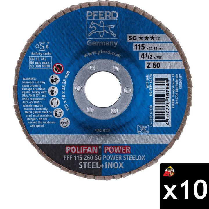 Pferd 4-1/2 Inch x 7/8 Inch, Z SG POWER STEELOX, 60 Grit, T27, Flap Disc Bundle, 10 Pieces