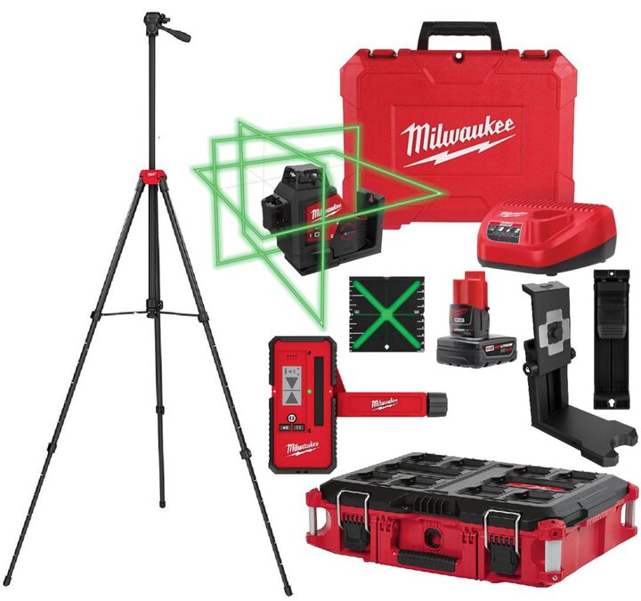 Milwaukee M12 Green 360-Degree 3-Plane Laser Kit, 165 Foot Laser Line Detector, 360 Laser Bracket, Laser Track Clip, PACKOUT Tool Box, & 72 Inch Laser Tripod
