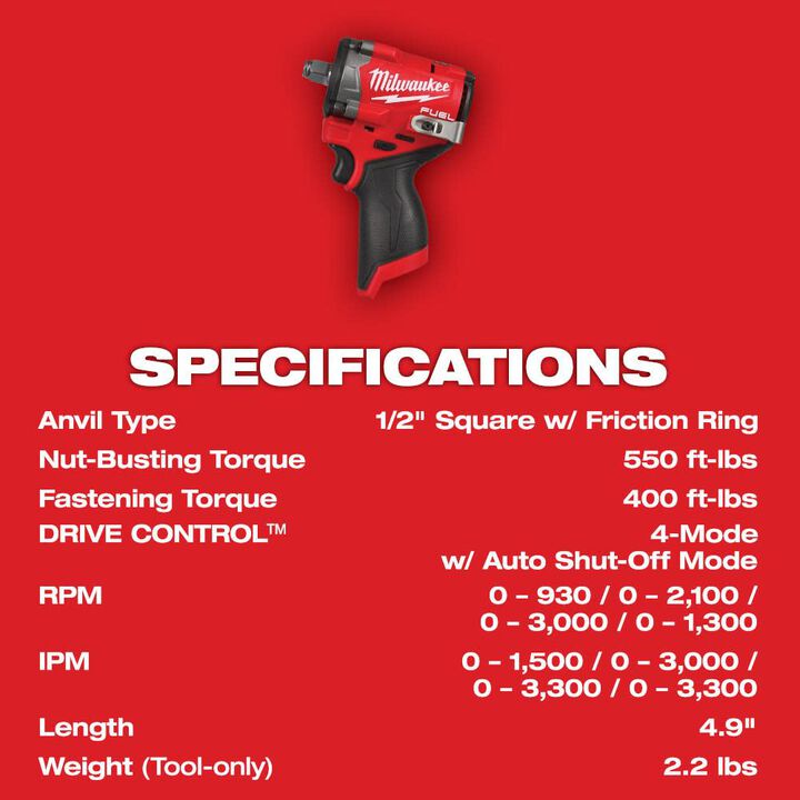 Milwaukee M12 FUEL Stubby 1/2" Impact Wrench (Bare Tool) with Protective Boot, large image number 6