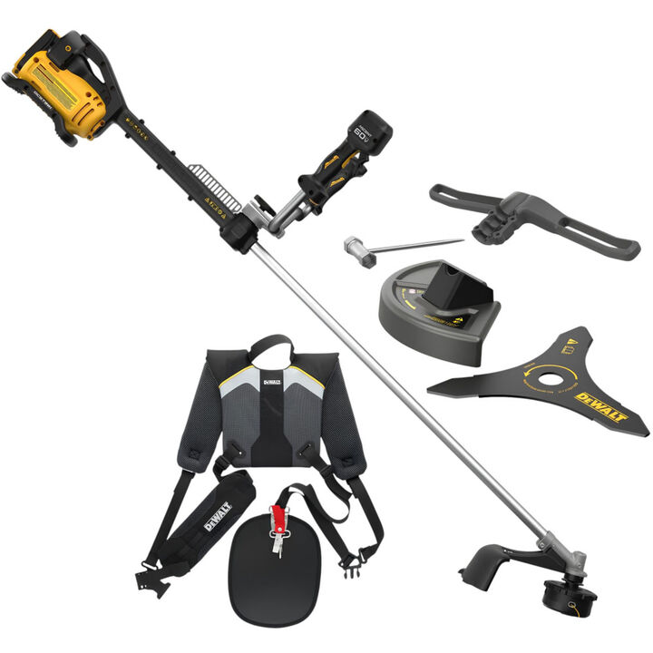 DEWALT 60V String Trimmer With Bike Handle Brush Cutter Conversion Kit & Dual Shoulder Harness Bundle