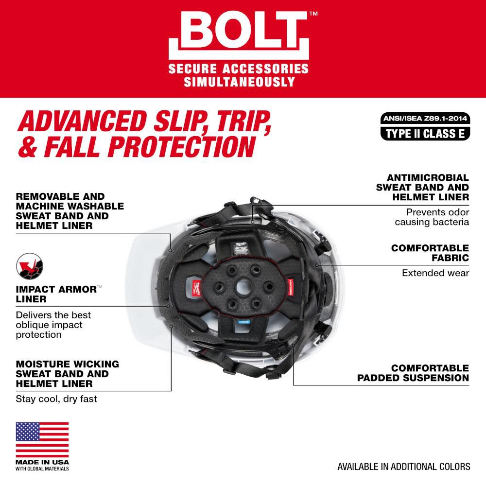 Milwaukee BOLT Blue Front Brim Safety Helmet with IMPACT ARMOR Liner Type 2 Class E & USB Cooling Fan Bundle, large image number 4