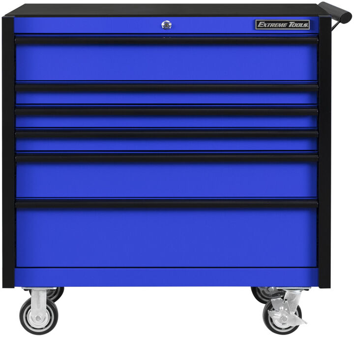 Extreme Tools DX Series 41 Inch W X 25 Inch D 6 Drawer Roller Cabinet 100 lbs Slides Blue with Black Drawer Pulls
