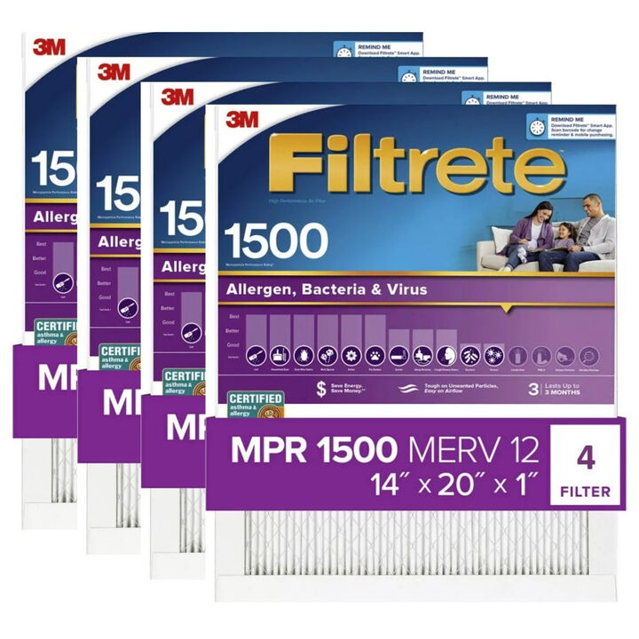 3M 14 Inch x 20 Inch 1500 MPR MERV 12 Allergen Air Filter - 4 Pack