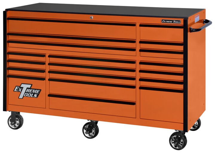 Extreme Tools RX Series 72 Inch W x 25 Inch D 19 Drawer Triple Bank Roller Cabinet 150 lbs Slides Orange with Black Drawer Pulls
