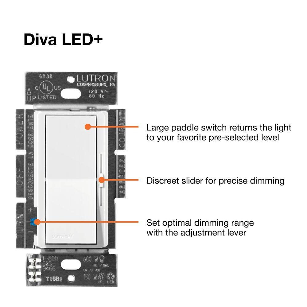 Lutron Diva LED+ 150W 120V 1P Gloss Ivory Dimmer Switch with 1 Gang, large image number 6