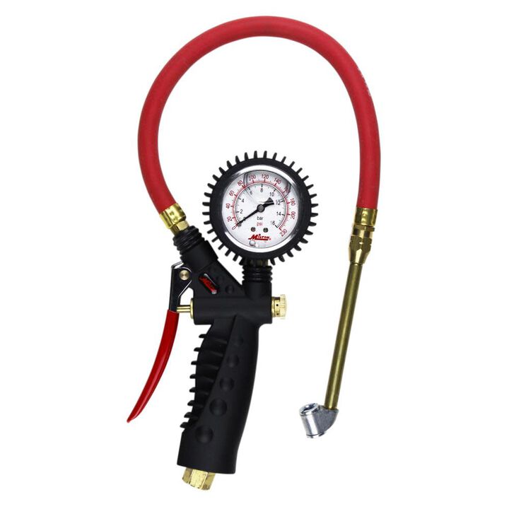 Milton S-576A Pro Analog Pistol Grip Inflator Gauge - Dual Head Chuck and 15in Hose - 230 PSI