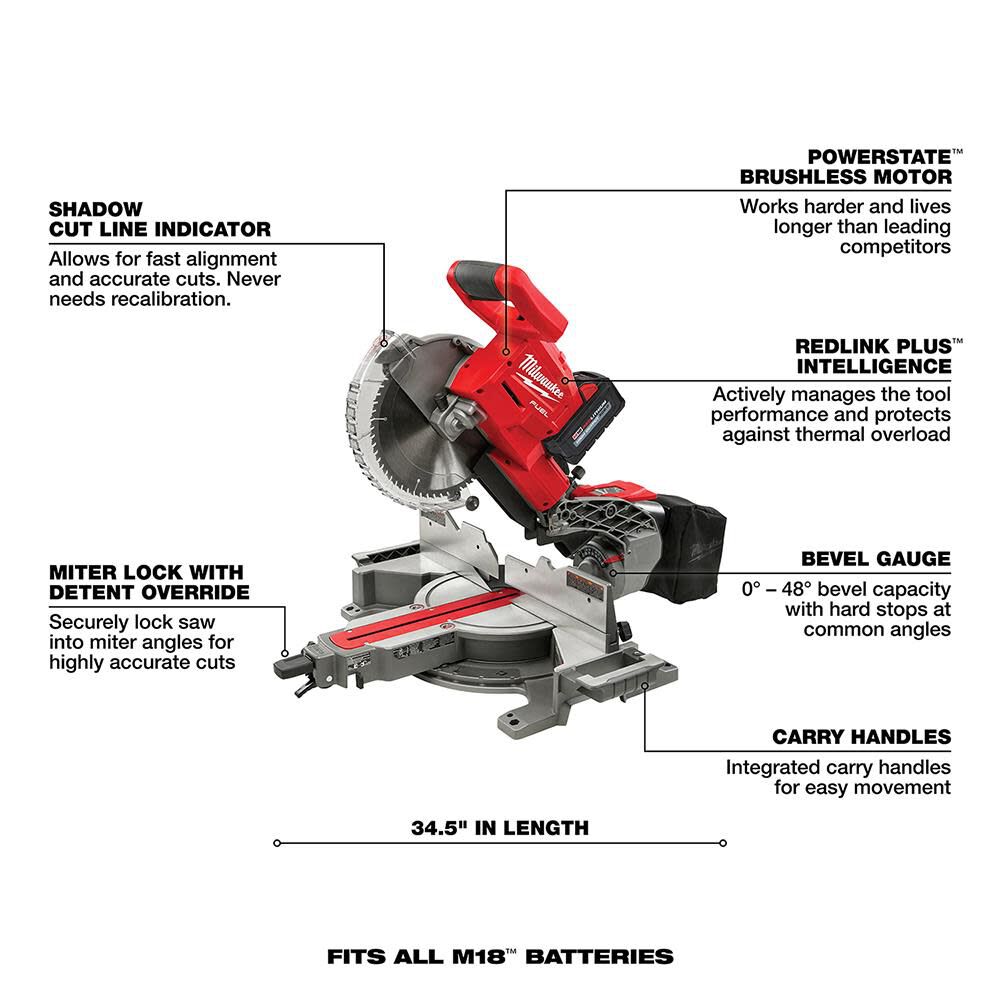 Milwaukee M18 10 Inch Miter Saw Kit with Battery, Folding Miter Saw Stand Bundle, large image number 2