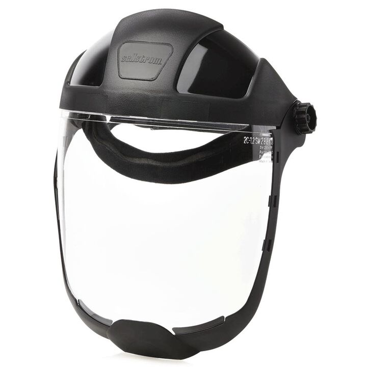 Sellstrom Multi-Purpose Single Crown Face Shield with Ratchet Headgear and Chin Guard Clear Polycarbonate Window Anti-Fog Coating Black Crown