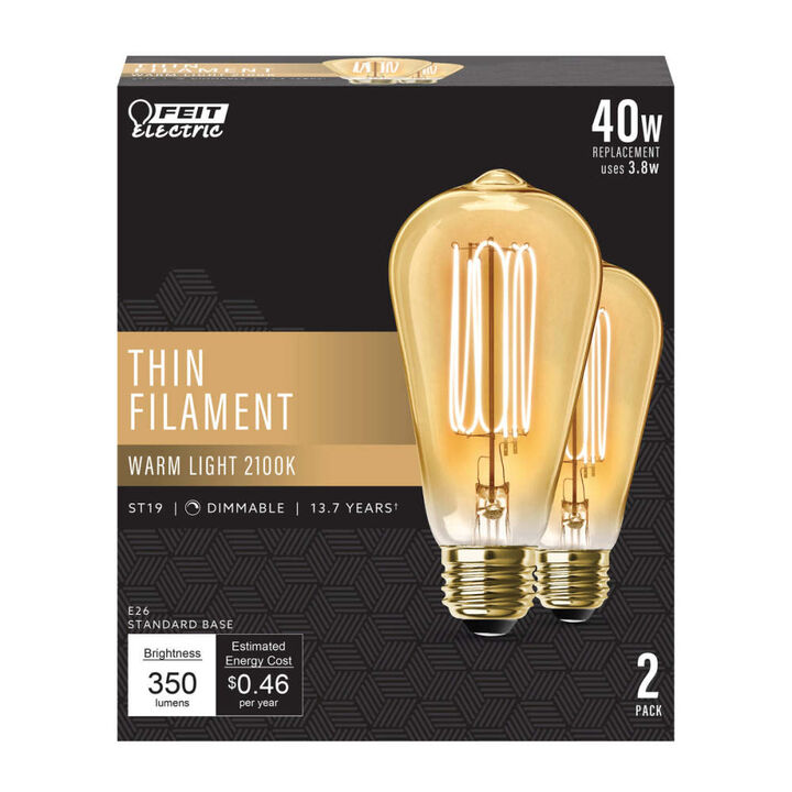 Feit Electric 120V 3.8W Vintage Edison LED Light Bulb Warm White 2 Pieces