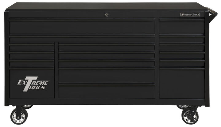 Extreme Tools DX Series 72 Inch W x 21 Inch D 17 Drawer Triple Bank Roller Cabinet 100 lbs Slides Matte Black w Gloss Black Drawer Pulls