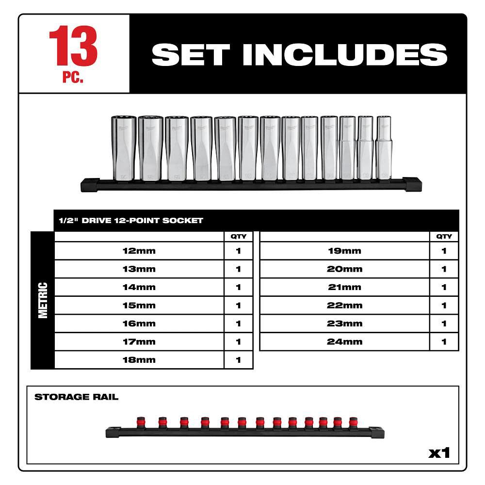 Milwaukee 1/2 Inch Deep 12 Point Socket Set, Metric, 13 Pieces, large image number 2