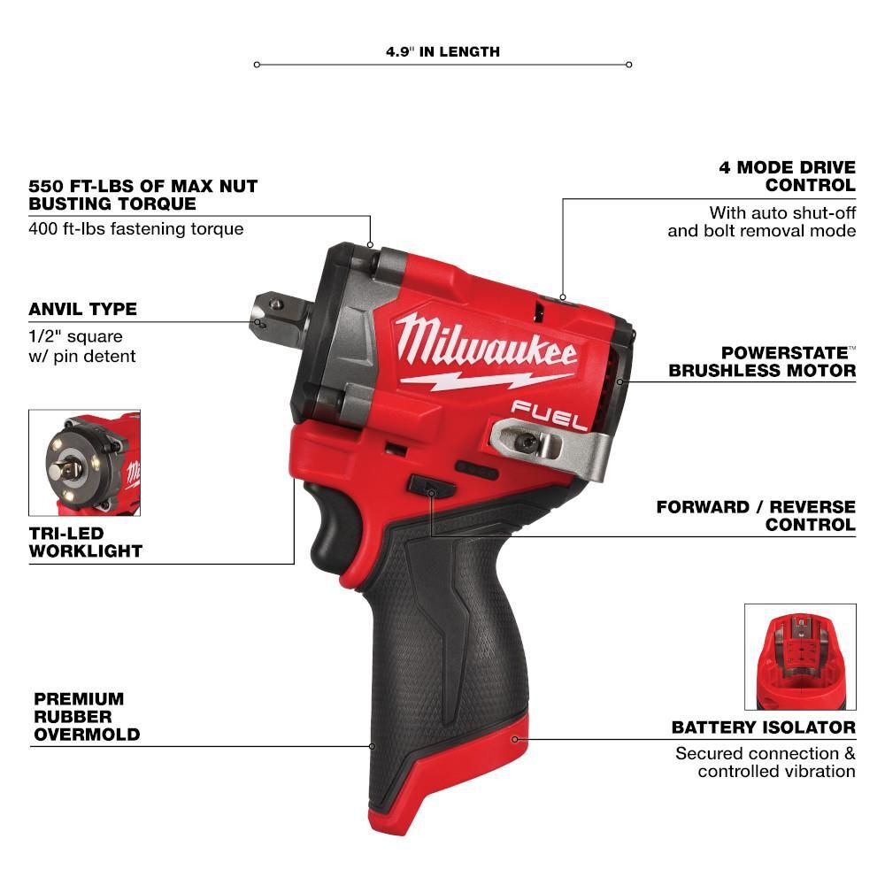 Milwaukee M12 FUEL Stubby 1/2" Pin Detent Impact Wrench (Bare Tool) with Protective Boot, large image number 3