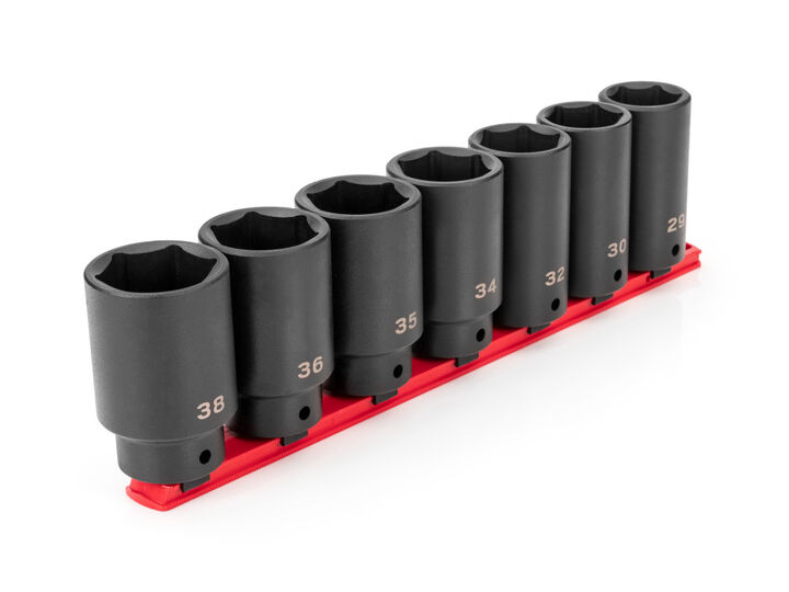 Tekton 1/2 Inch Deep 6 Point Axle Nut Impact Socket Set, Rail, (29-38 mm)