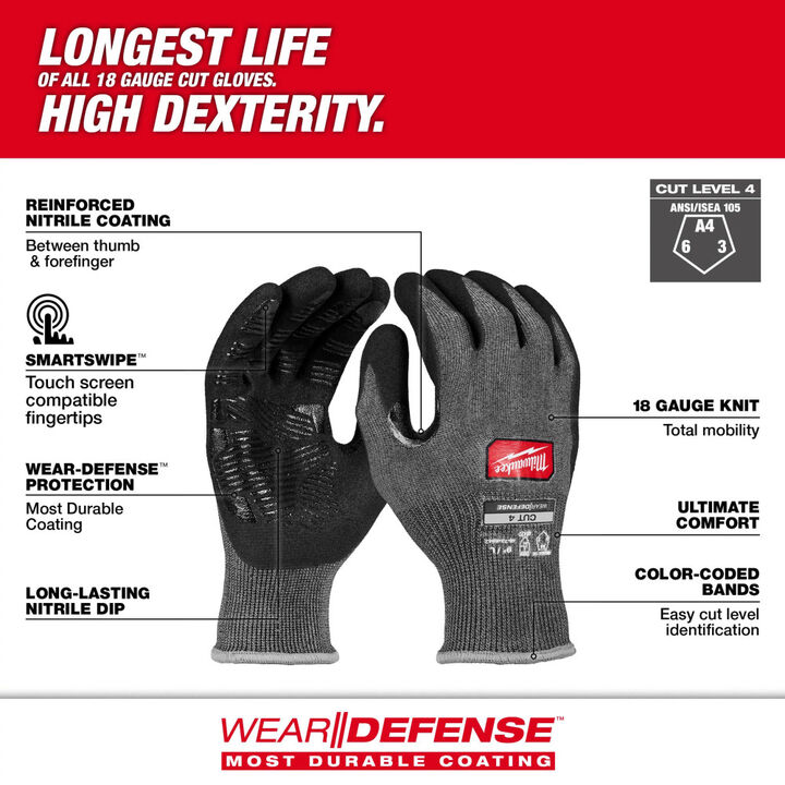 Milwaukee Cut Level 4 High Dexterity Nitrile Dipped Gloves with WEAR-DEFENSE Protection, large image number 1