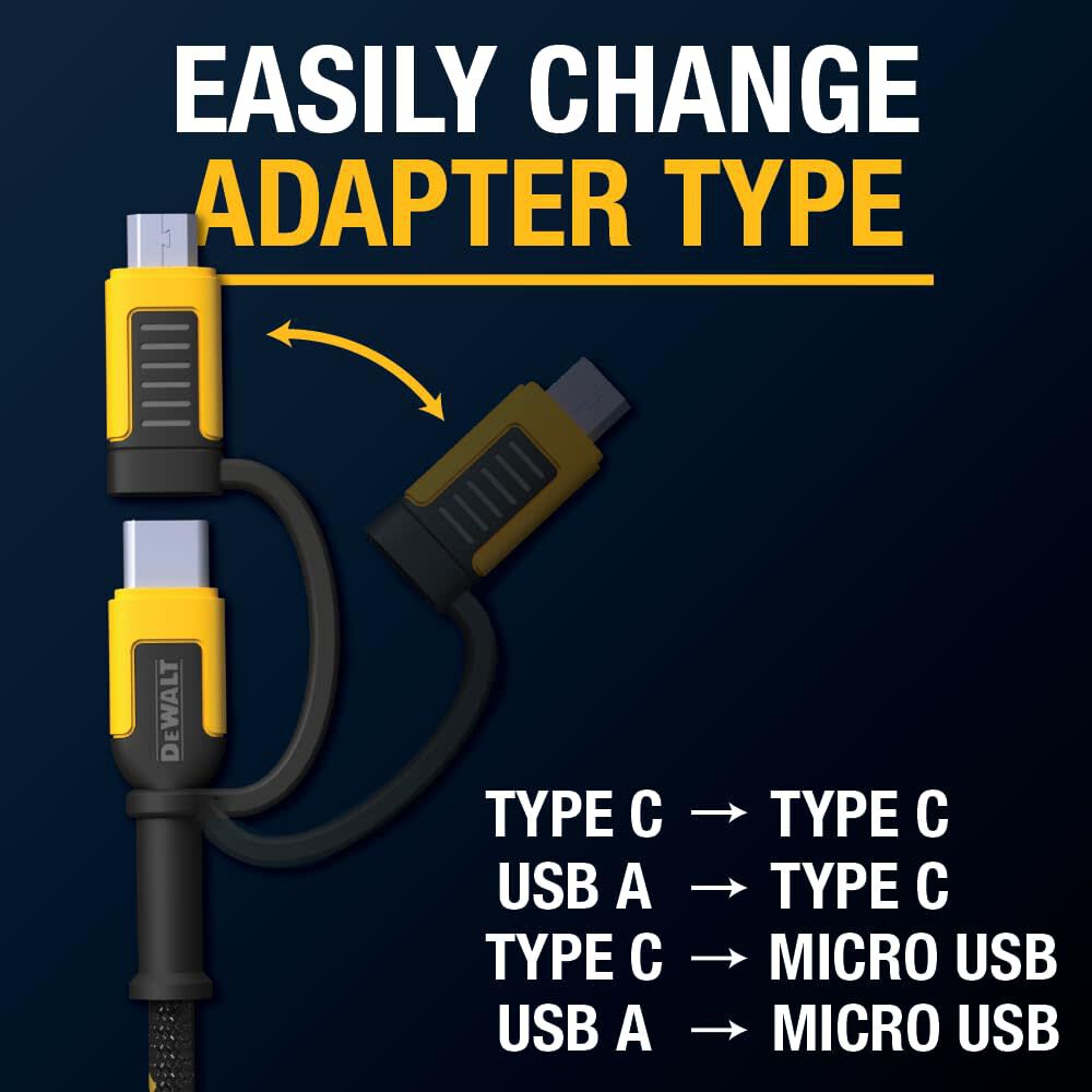 DEWALT 6 Ft. Black/Yellow 4-in-1 Type C/Micro USB/USB Charger Cable, large image number 2