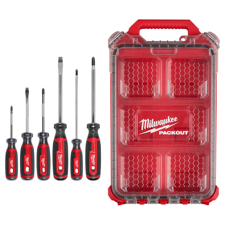 Milwaukee Cushion Grip Screwdrivers Set (USA) with PACKOUT Low-Profile Compact Organizer 6 Pieces