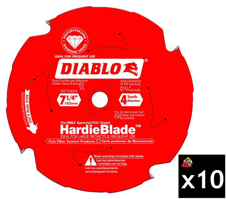 Diablo Tools 7-1/4 inch x 4 ToothTCG PCD Fiber Cement Cutting Circular Saw HardieBlade with 5/8 inch Diamond Arbor 10 Pack