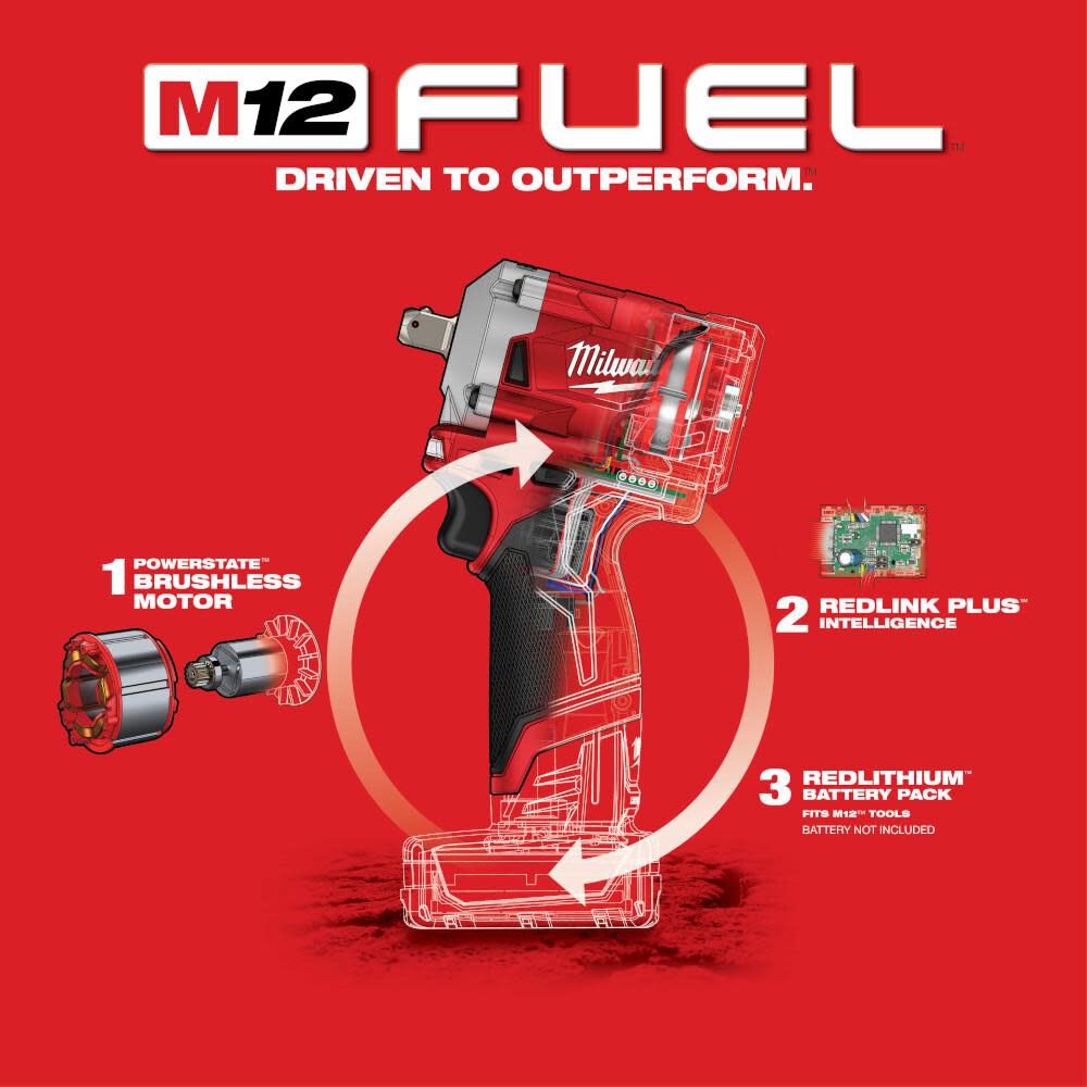 Milwaukee M12 FUEL Stubby 1/2inch Pin Impact Wrench Reconditioned (Bare Tool), large image number 6