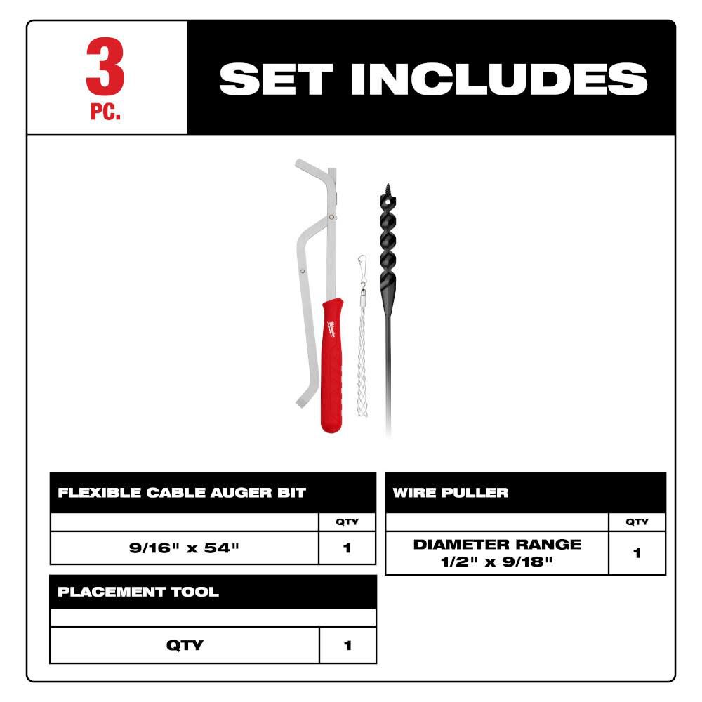 Milwaukee 9/16 Inch x 54 Inches Flexible Cable Auger Bit 3 Piece Set, large image number 3