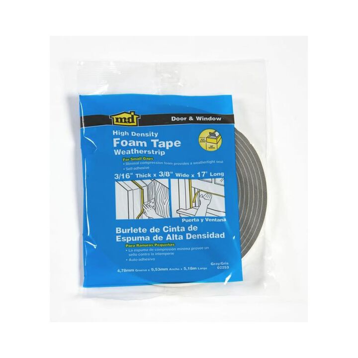M-D Building Products High Density Foam Weather Strip Tape Grey, 3/16in x 3/8in x 17ft