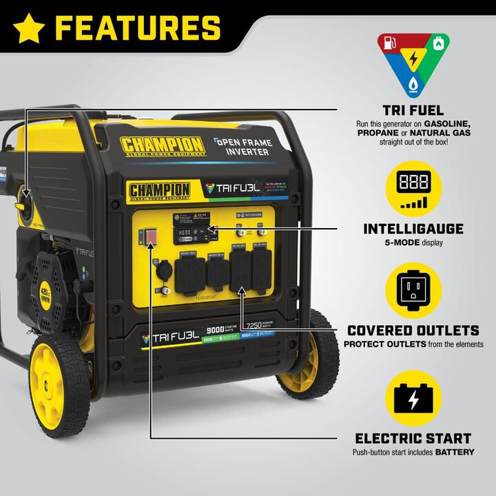Champion Power Equipment 9000-Watt Electric Start Tri Fuel 49 State Home Backup Portable Open Frame Inverter Generator with Quiet Technology, large image number 4
