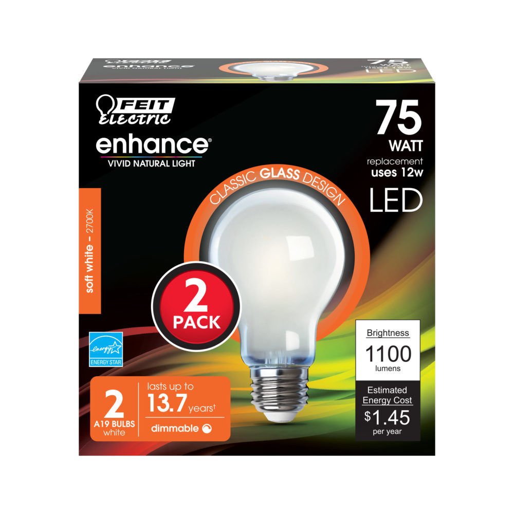 Feit Electric 75W A19 Dimmable Glass Filament LED Bulb 2pk, large image number 2