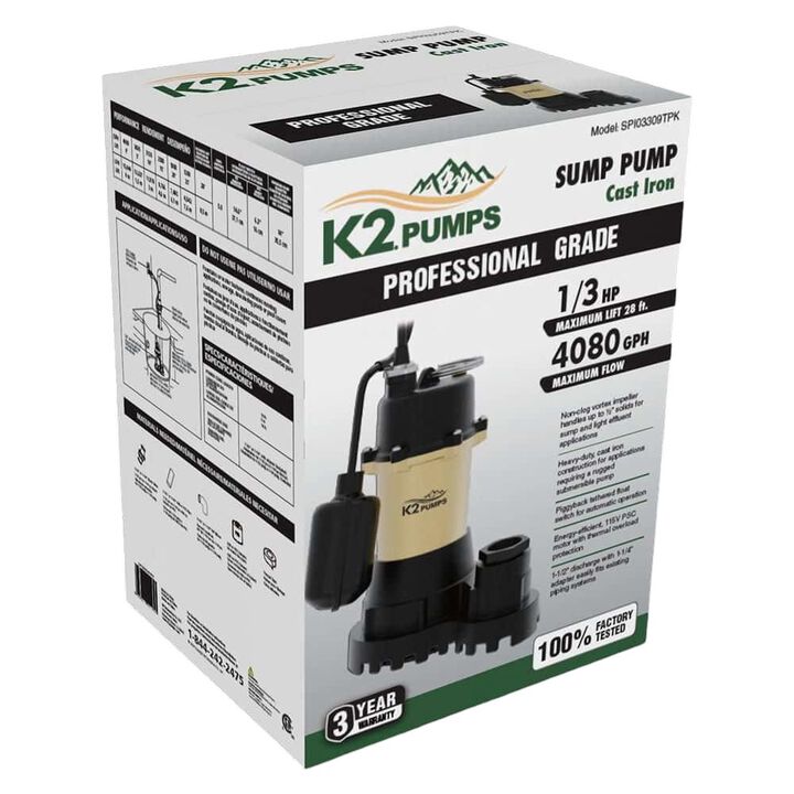 K2 Pumps 1/3 HP Heavy-Duty Cast Iron Sump Pump with Piggyback Vertical Switch, large image number 6