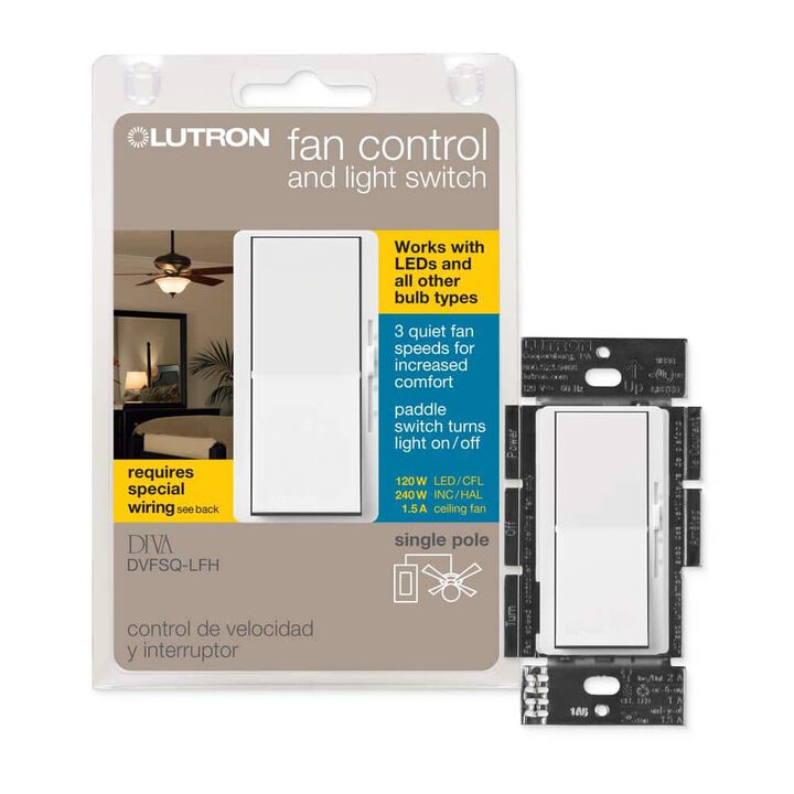 Lutron Diva 120VAC 1.5A 1P Gloss White 3-Speed Rocker Fan Control, large image number 1