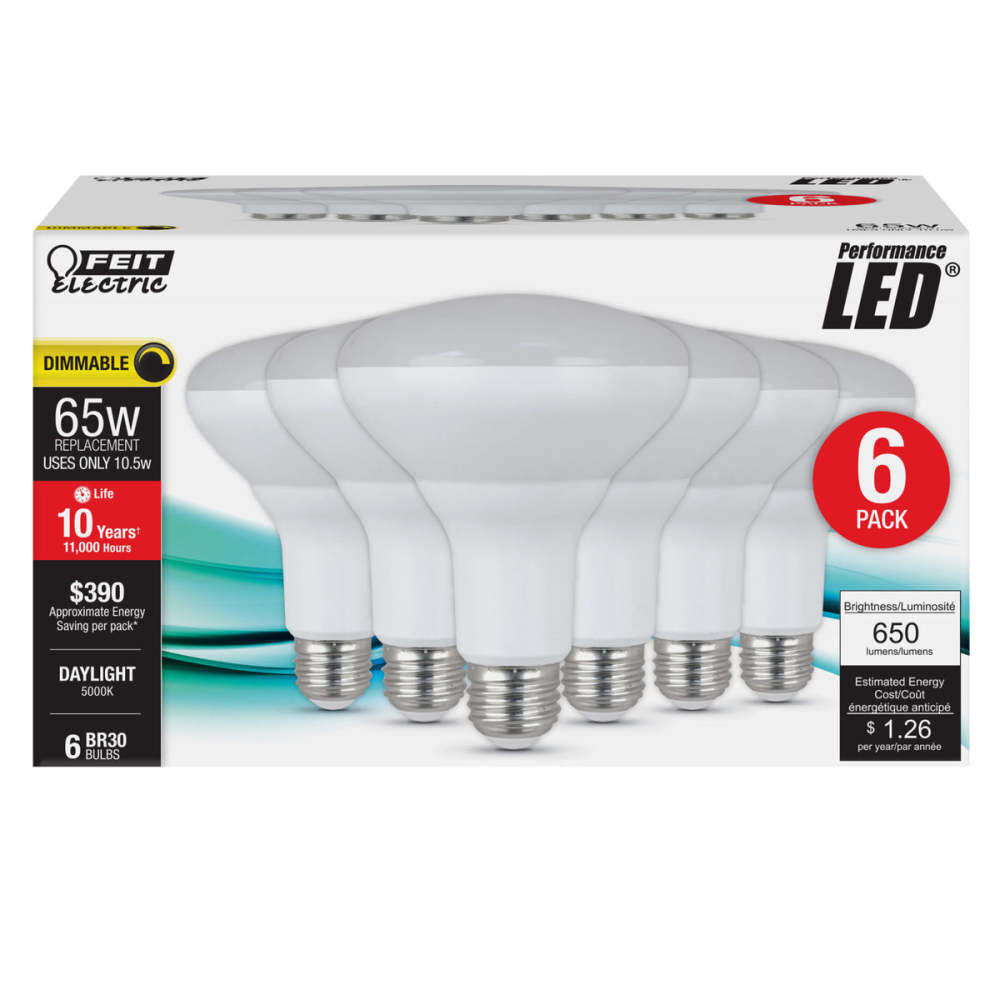 Feit Electric 10.5W 650 Lumens BR30 E26 Base Reflector LED Bulb Daylight White 6 Pieces, large image number 1
