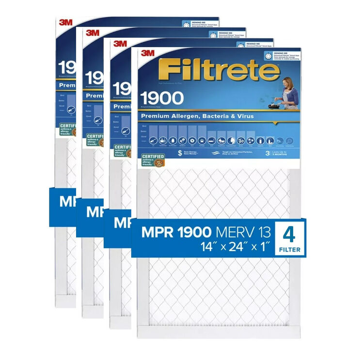3M 14 Inch x 24 Inch 1900 MPR MERV 13 Allergen Air Filter - 4 Pack