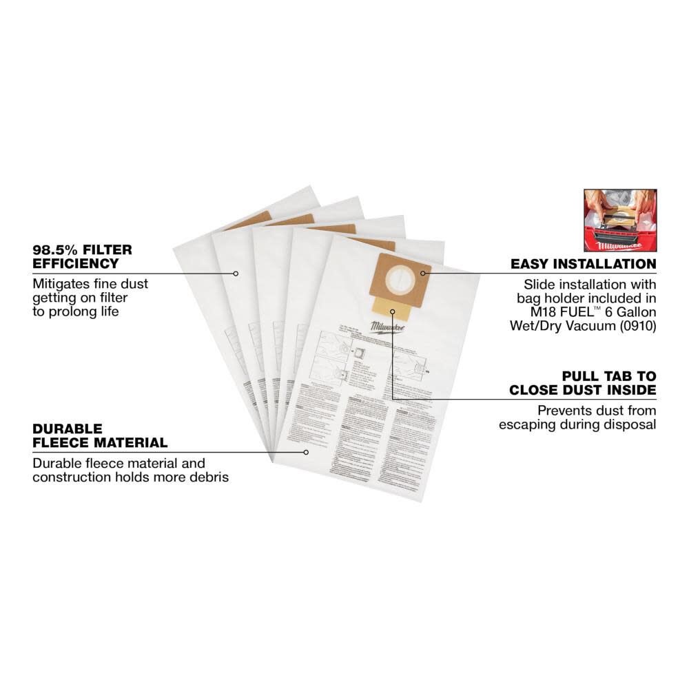 Milwaukee Fleece Dust Bags 6 Gallon 5pk, large image number 4