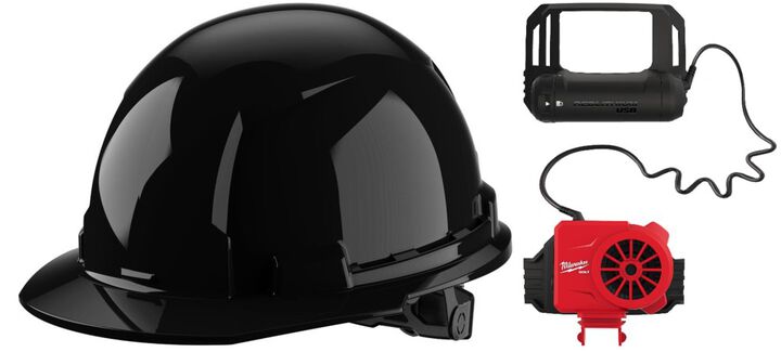 Milwaukee Black Front Brim Hard Hat with 6pt Ratcheting Suspension Type 1 Class E & BOLT USB Cooling Fan Bundle