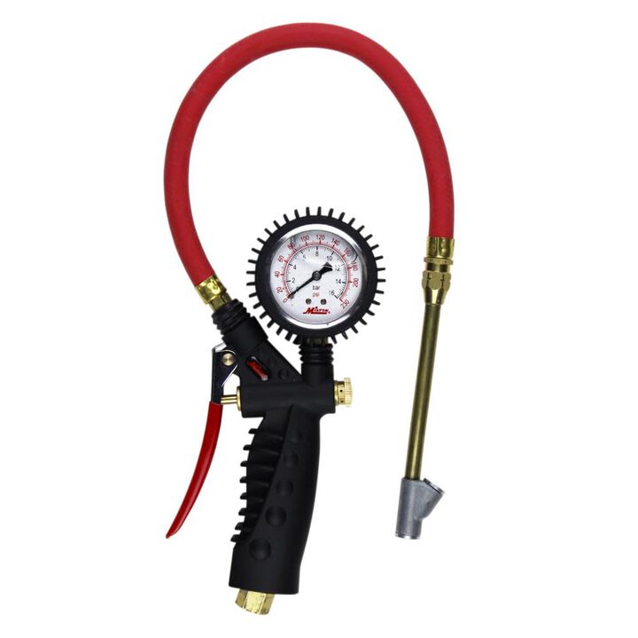 Milton S-577A Pro Analog Pistol Grip Inflator Gauge - Straight Foot Dual Chuck and 15in Hose -230 PSI