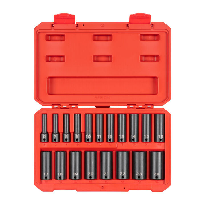 Tekton 3/8 Inch Deep 12 Point Impact Socket Set, Case, 19 Piece (6-24 mm)
