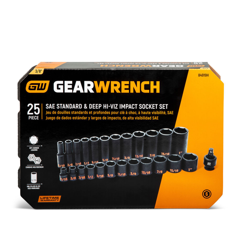 GEARWRENCH 3/8 Inch Drive 6 Point SAE Hi-Viz STD & Deep Impact Socket Set 25 Pieces, large image number 4
