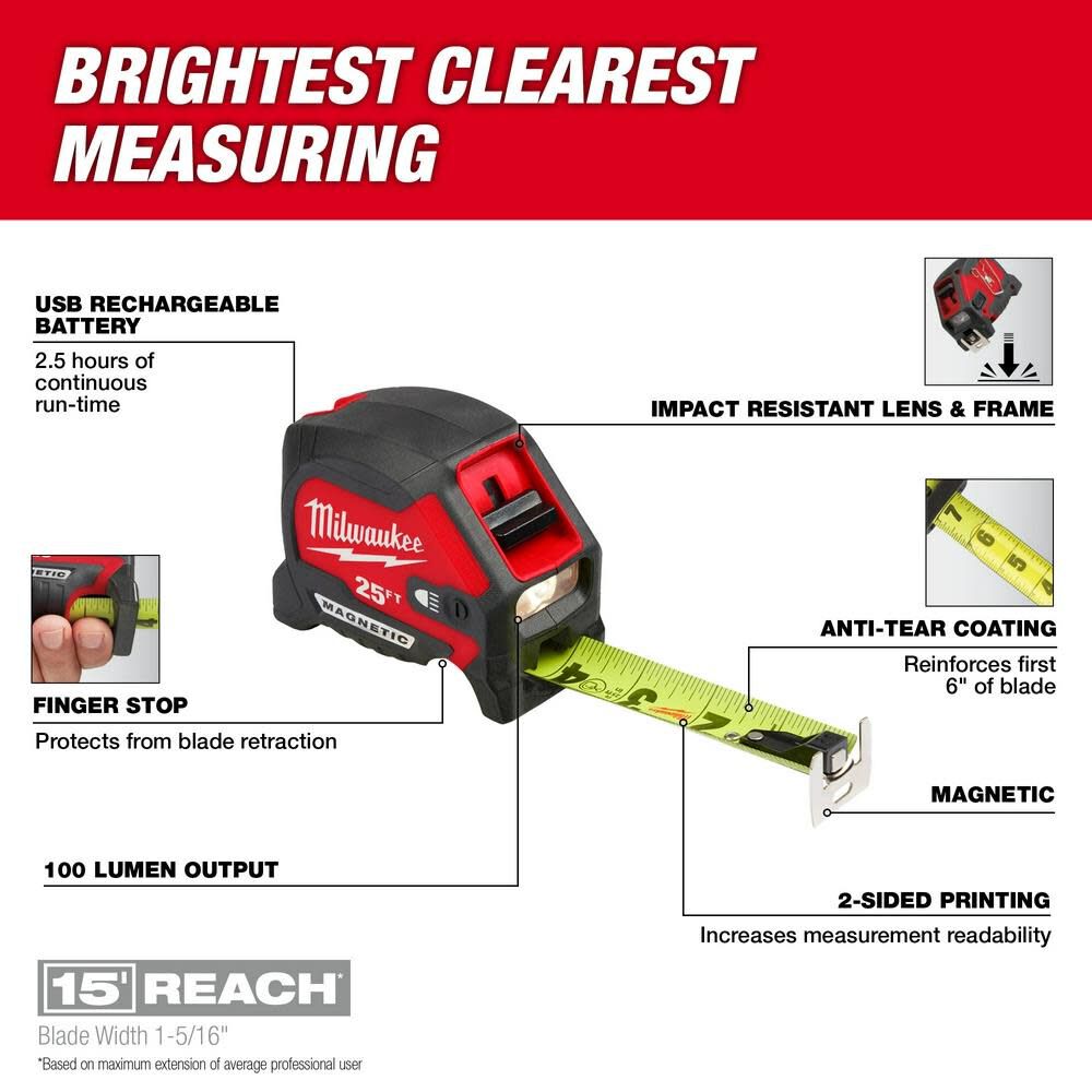 Milwaukee 25ft Wide Blade Magnetic Tape Measure with 100L Light, large image number 2