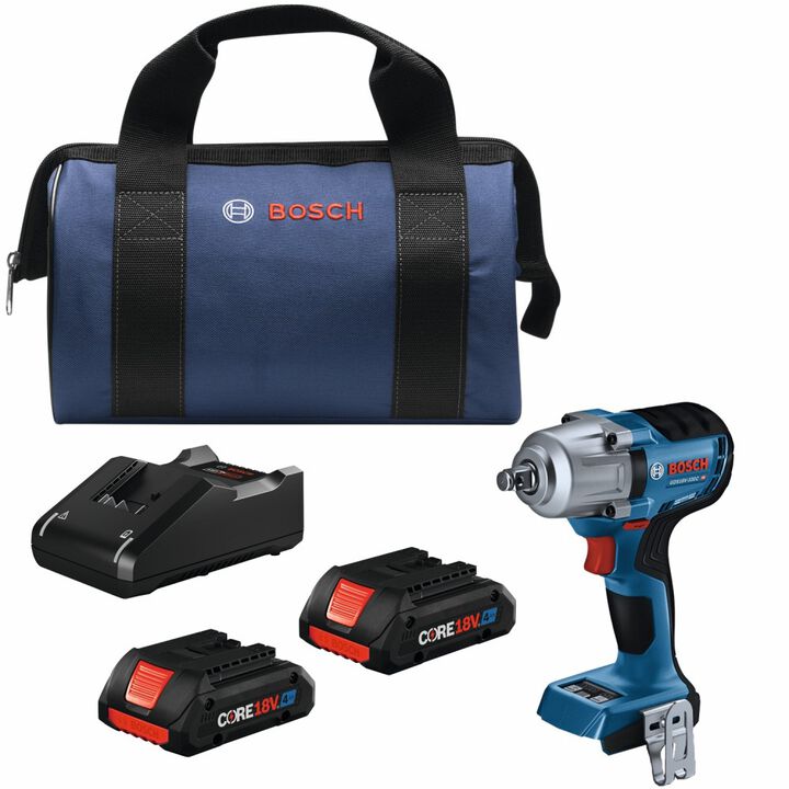 Bosch 18V 1/2in Mid Torque Impact Wrench Kit Connected Ready with Frictin Ring and Thru Hole and 2 CORE18V 4.0 Ah Compact Batteries