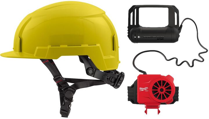 Milwaukee BOLT Yellow Front Brim Helmet Class E & USB Cooling Fan Bundle