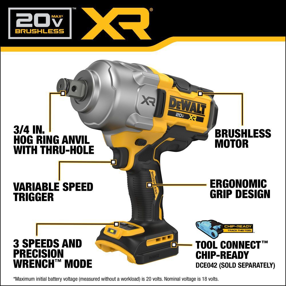 DEWALT 20V MAX XR 3/4 Inch Impact Wrench with Hog Ring (Bare Tool), large image number 3