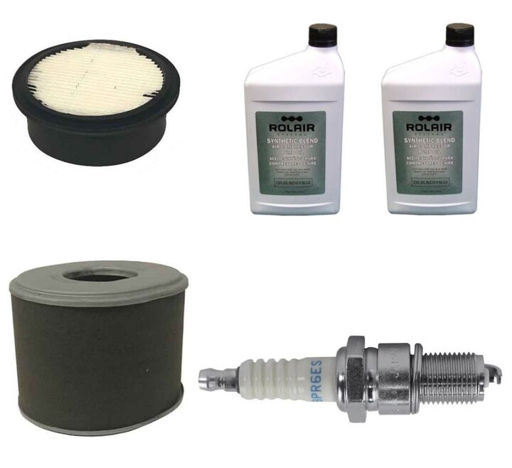 Rolair 2-Stage Gas Compressor Maintenance Kit with Two Filter Elements, Two 34 Oz Oil, and One Spark Plug