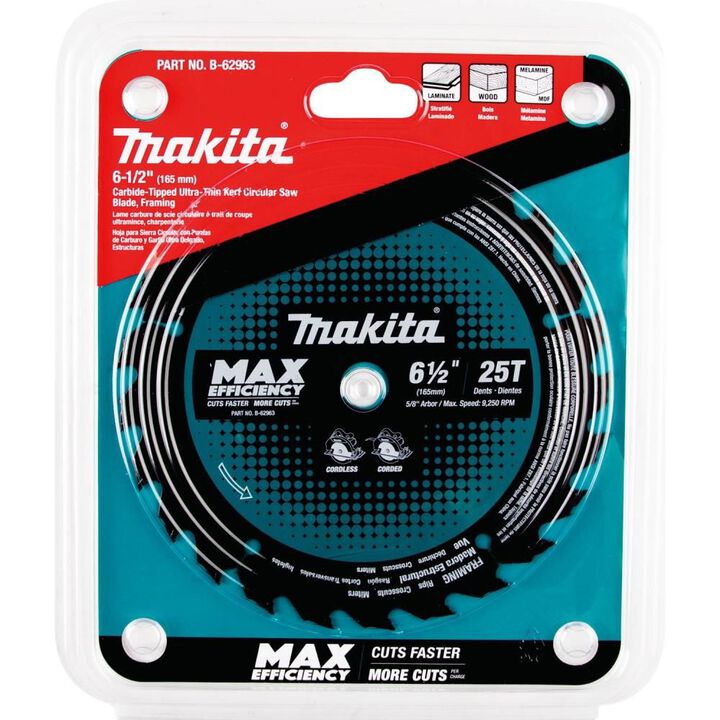 Makita 6-1/2in 25T Carbide-Tipped Max Efficiency Circular Saw Blade Framing, large image number 1