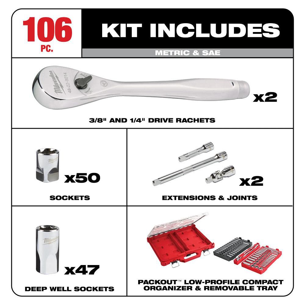 Milwaukee 1/4in & 3/8 106pc Ratchet and Socket Set in PACKOUT - SAE & Metric, large image number 2