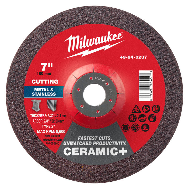 Milwaukee 7 Inch x 3/32 Inch x 7/8 Inch Ceramic+ Metal Cut Off Wheel Type 27
