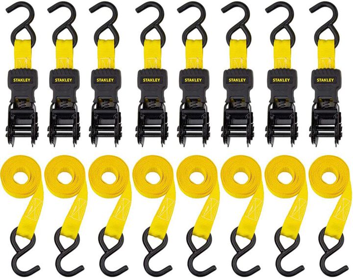 Stanley S1000 Ratchet Tie Down Straps 1in x 10' Light Cargo Hauling 1500 lbs Break Strength 8pk