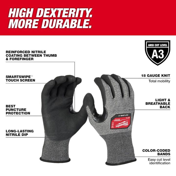 Milwaukee Cut Level 3 High-Dexterity Nitrile Dipped Gloves - M, large image number 1