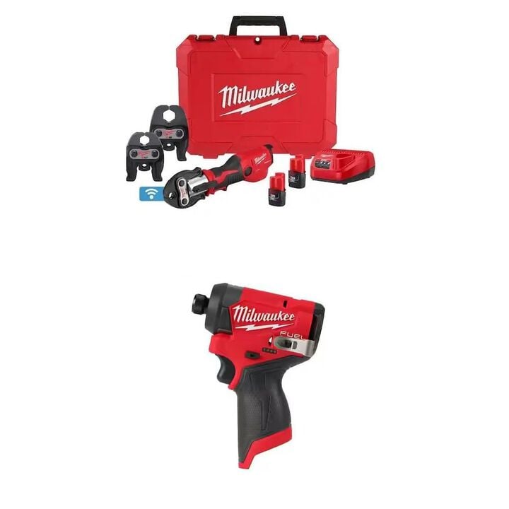 Milwaukee M12 Press Tool with 1/2 - 1 Inch Jaws Kit and M12 1/4 Inch Hex Impact Driver (Bare Tool) Bundle